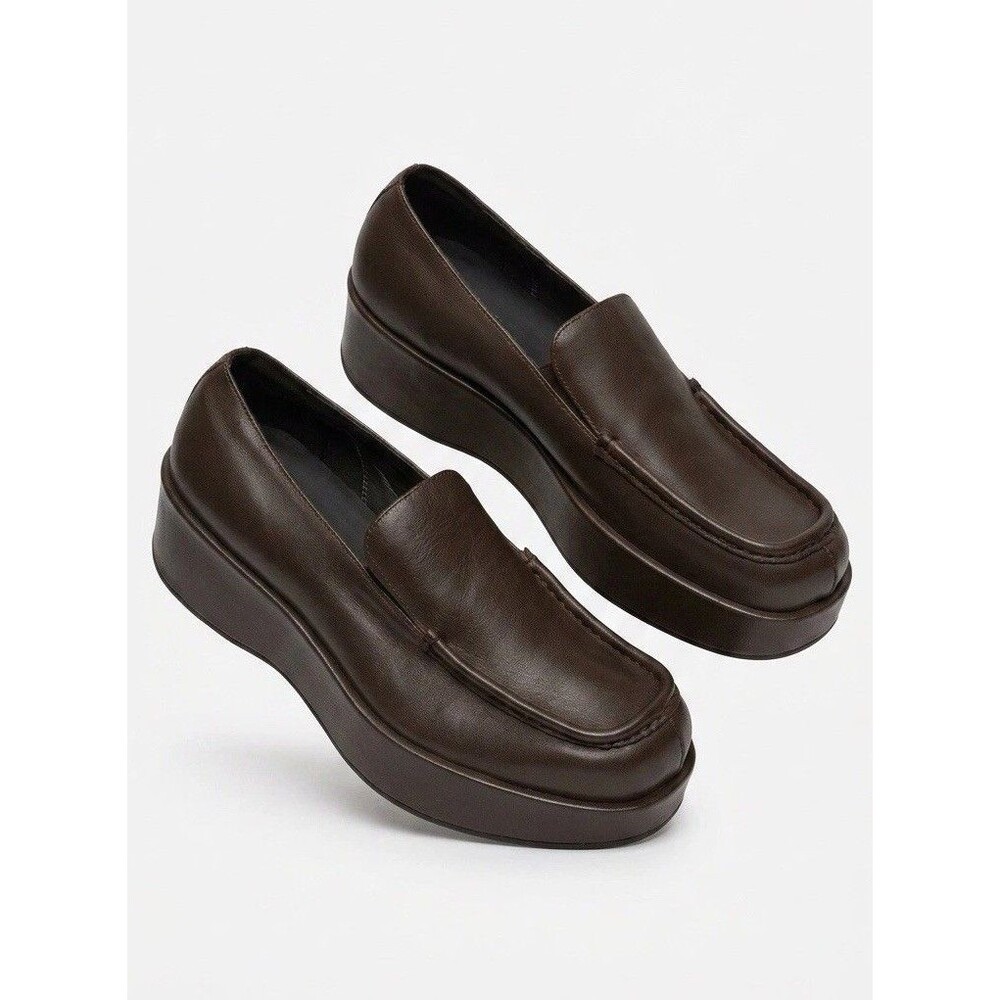 Zara Leather Platform Loafers Dark Brown Wedge Slip On Shoes Size US 11 EUR 44